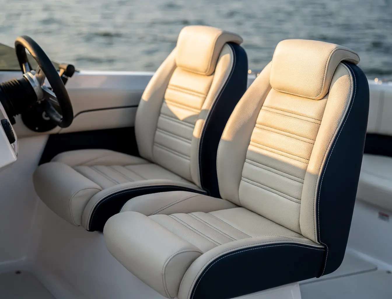 Sièges de pilote d'un bowrider en cuir marin crème et bleu marine, coutures doubles
