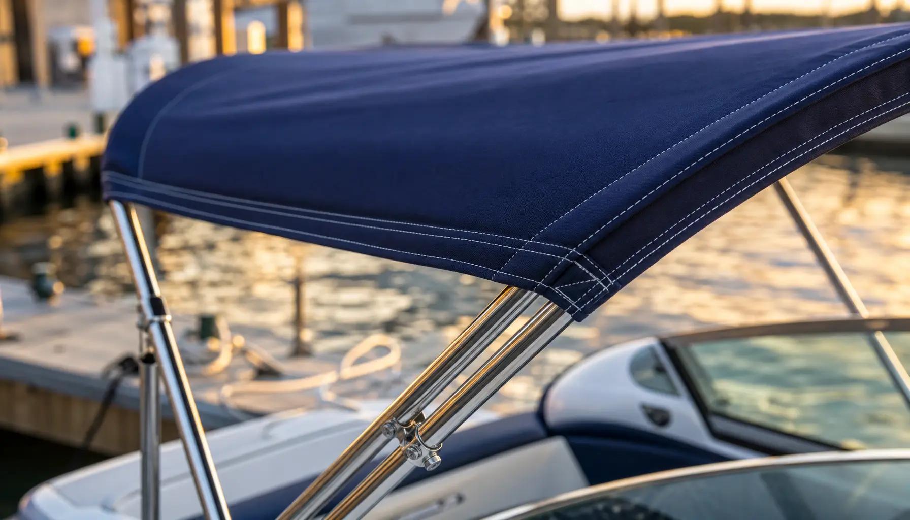 Toile de bimini bleu marine tendue sur une armature inoxydable à trois arceaux, au quai
