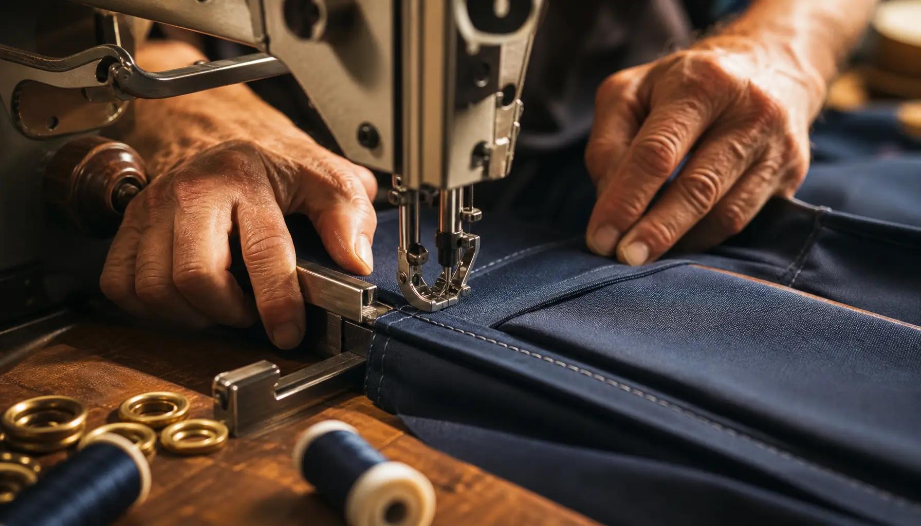 Couture de toile marine bleu marine sur une machine industrielle à pied baladeur