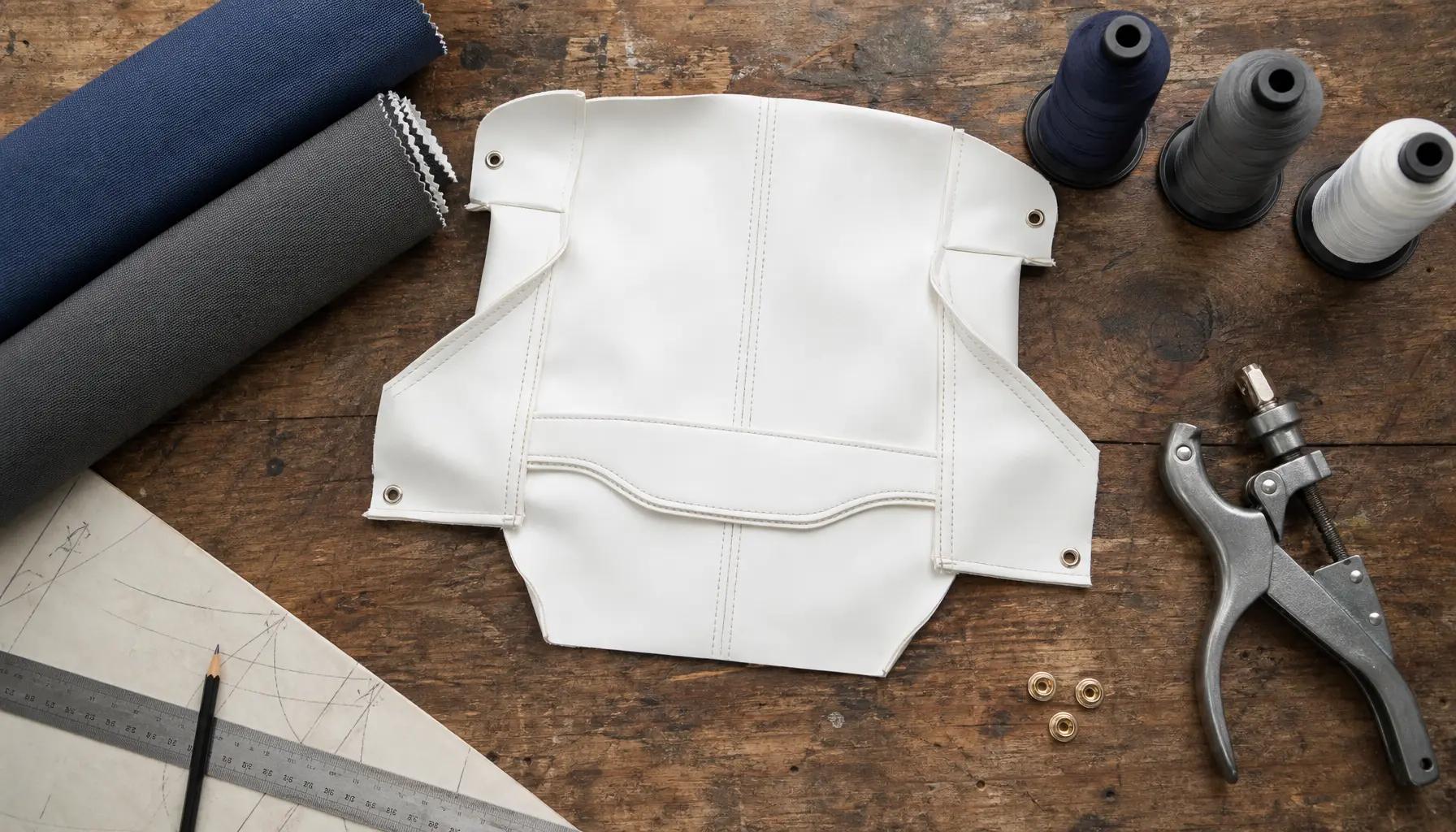 Plan de travail vu du dessus : housse de coussin en vinyle marin, échantillons de toile et outils à pression