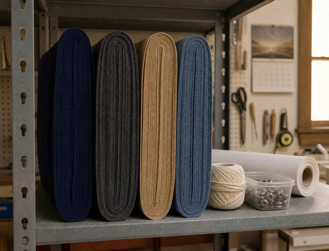 Rouleaux de toile Sunbrella marine sur une étagère d'atelier, teintes marine, charbon, beige et bleu
