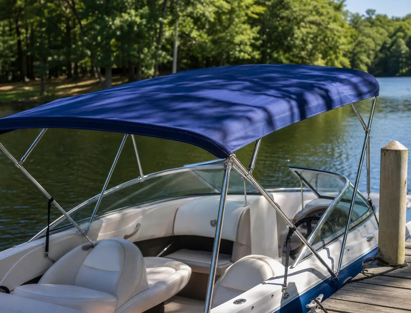 Bimini en toile Sunbrella marine sur un bowrider de 18 pieds amarré à un quai de bois
