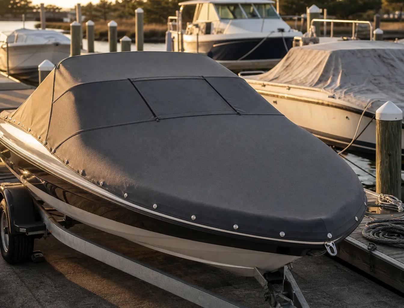 Toile de cockpit charbon ajustée sur un bowrider de 20 pieds, boutons pression inoxydables