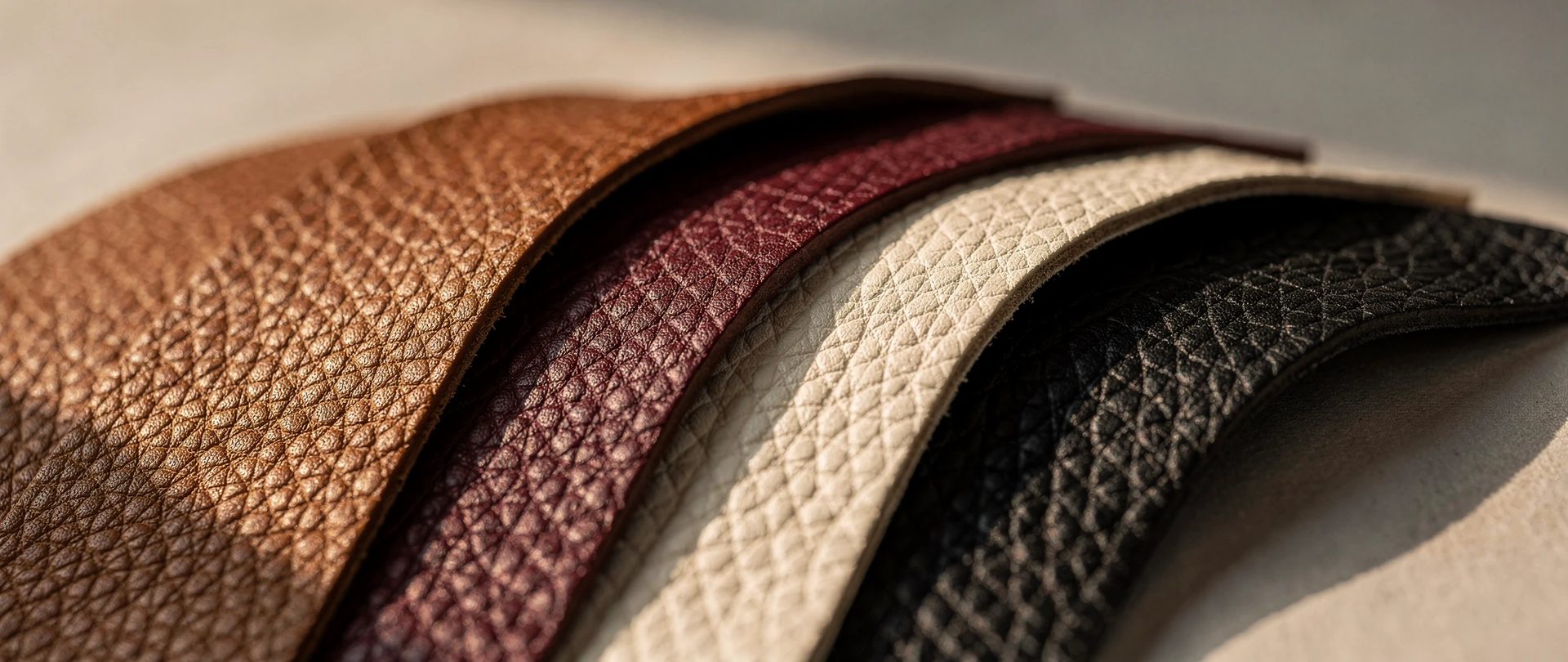Échantillons de cuir à grain pebble en brun, bordeaux, os et noir, superposés en éventail.