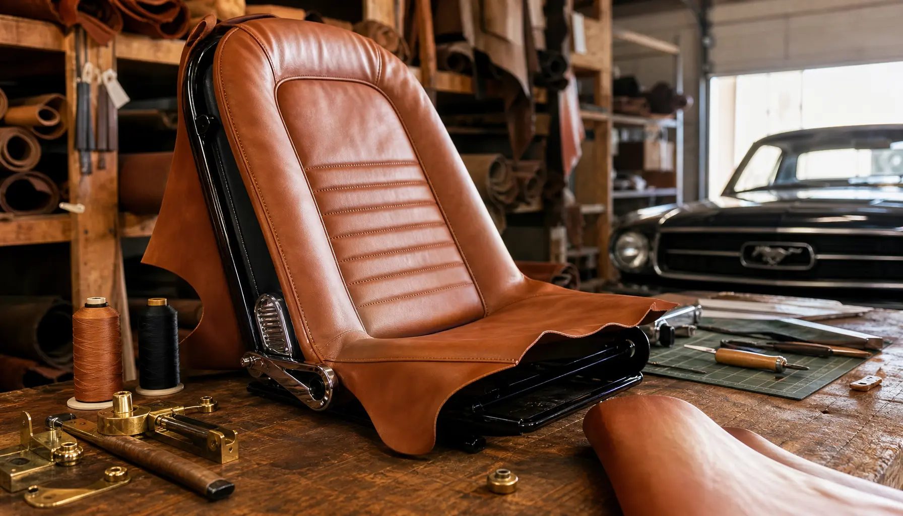 Housse de siège en cuir cognac ajustée sur une structure de siège baquet Mustang, dans l'atelier
