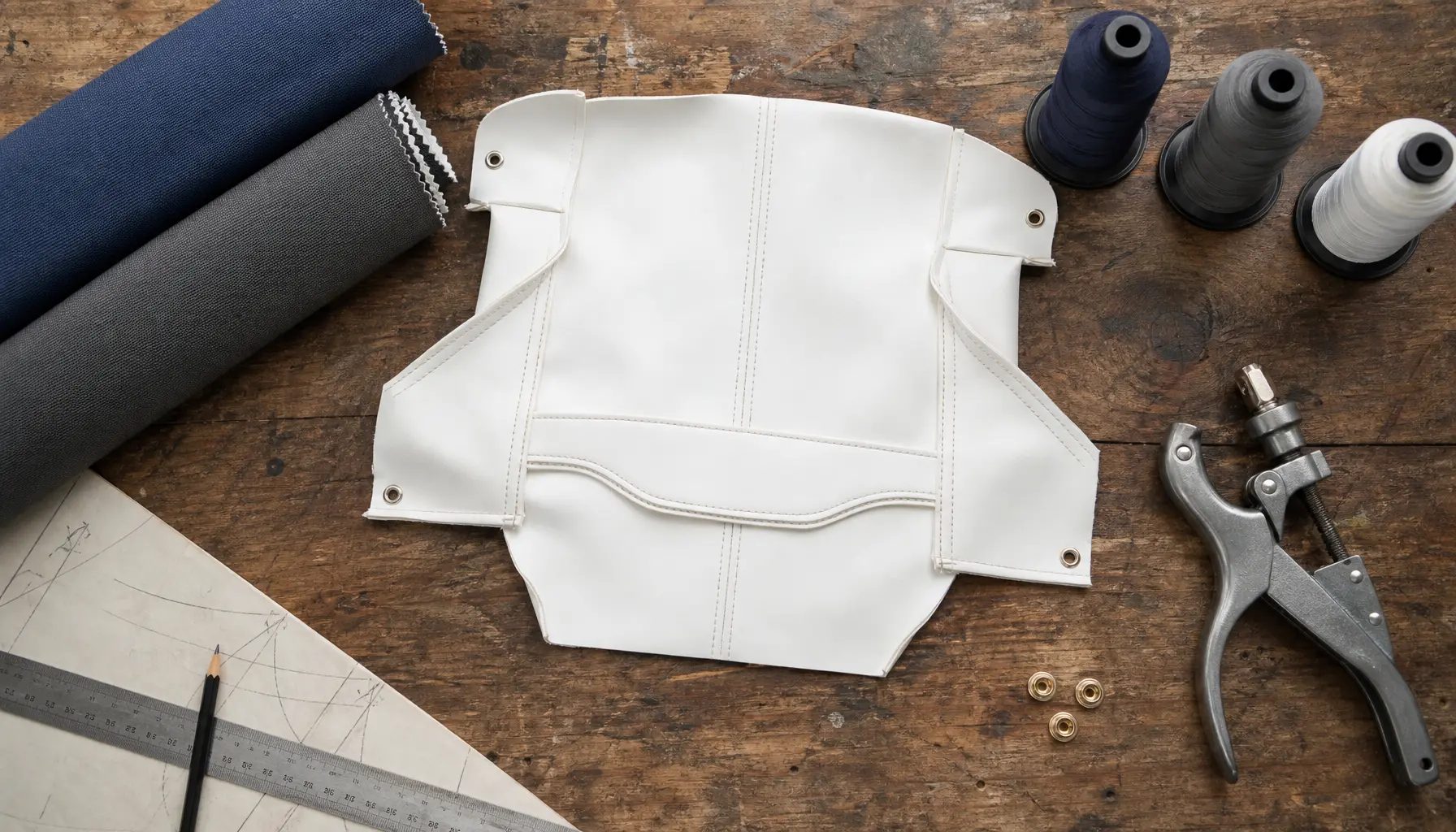 Plan de travail vu du dessus : housse de coussin en vinyle marin, échantillons de toile et outils à pression