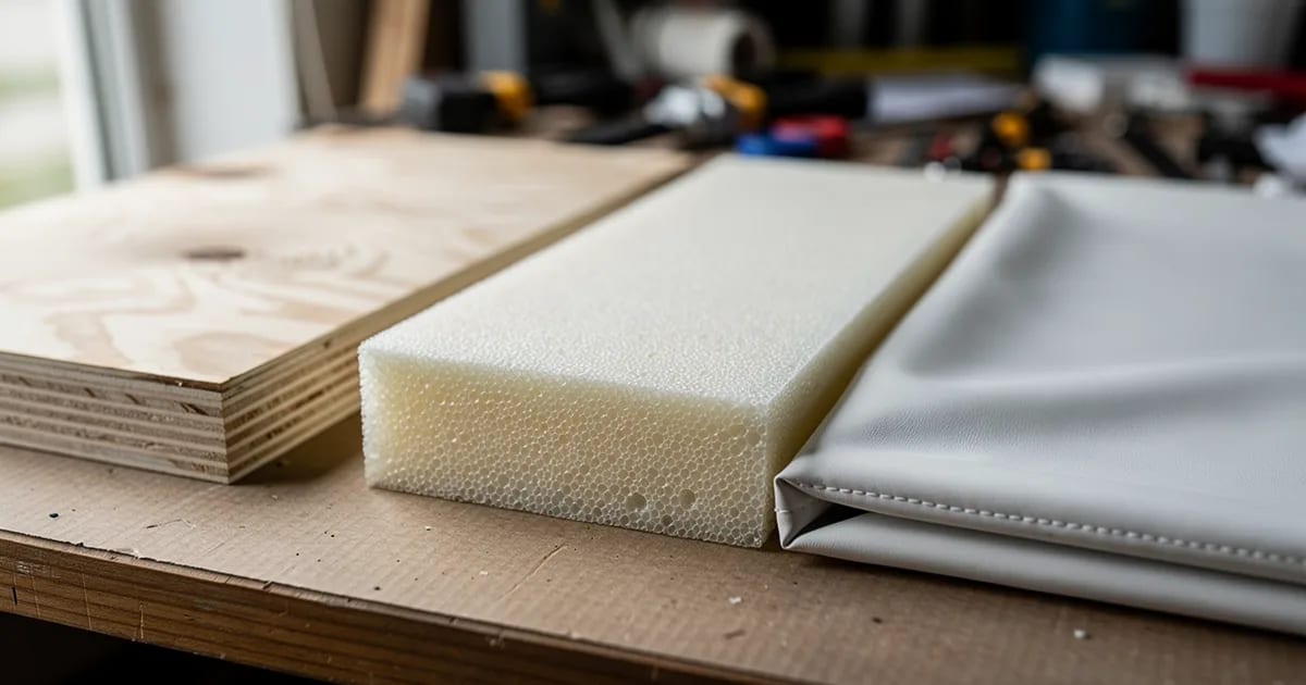 Base en contreplaqué marin, mousse crème et housse de vinyle blanc disposées sur une table pour refaire un coussin de bateau.